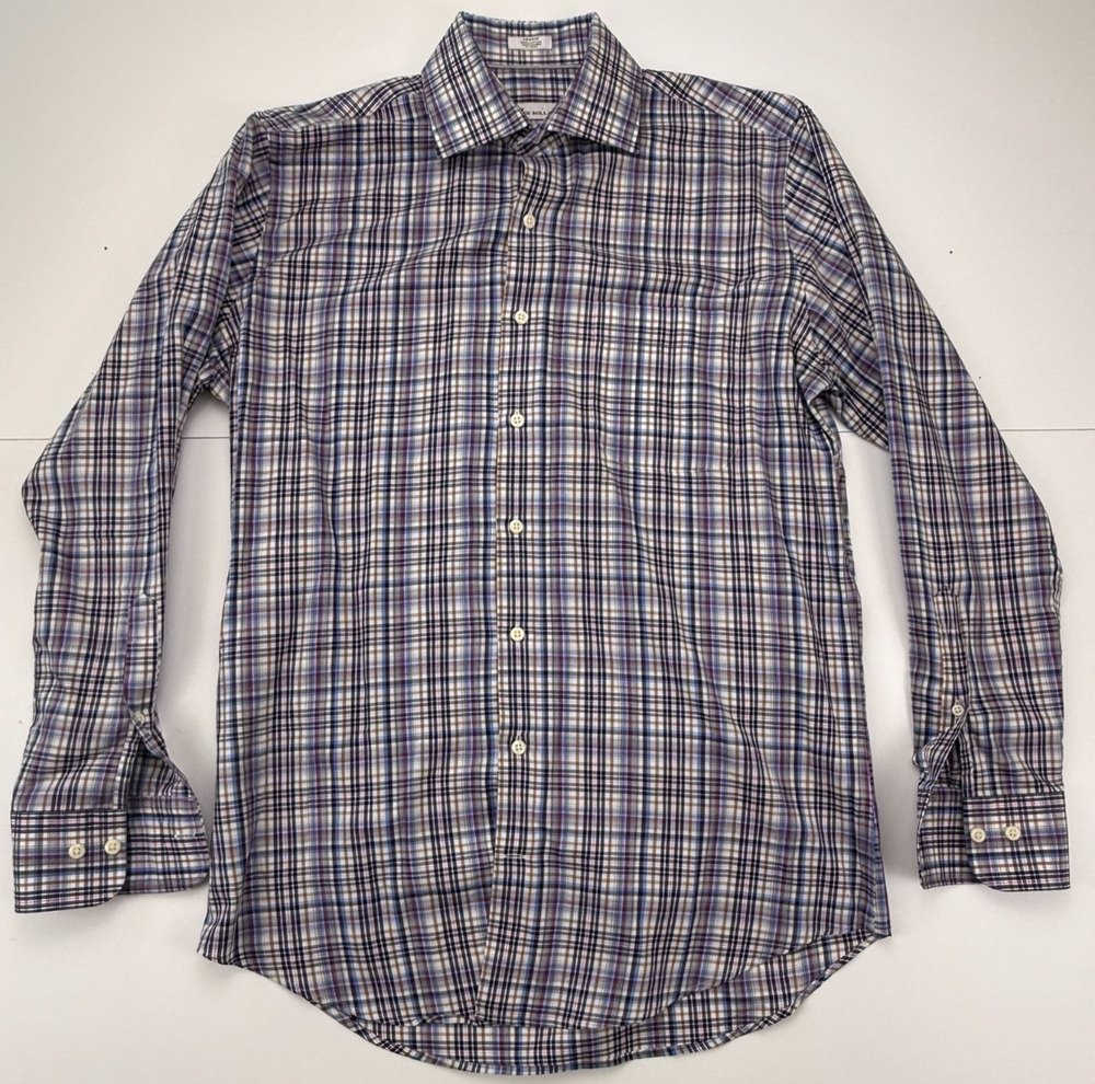 Peter Millar Shirt Mens M Blue Purple Brown Plaid Long Sleeve Button Front Cotto